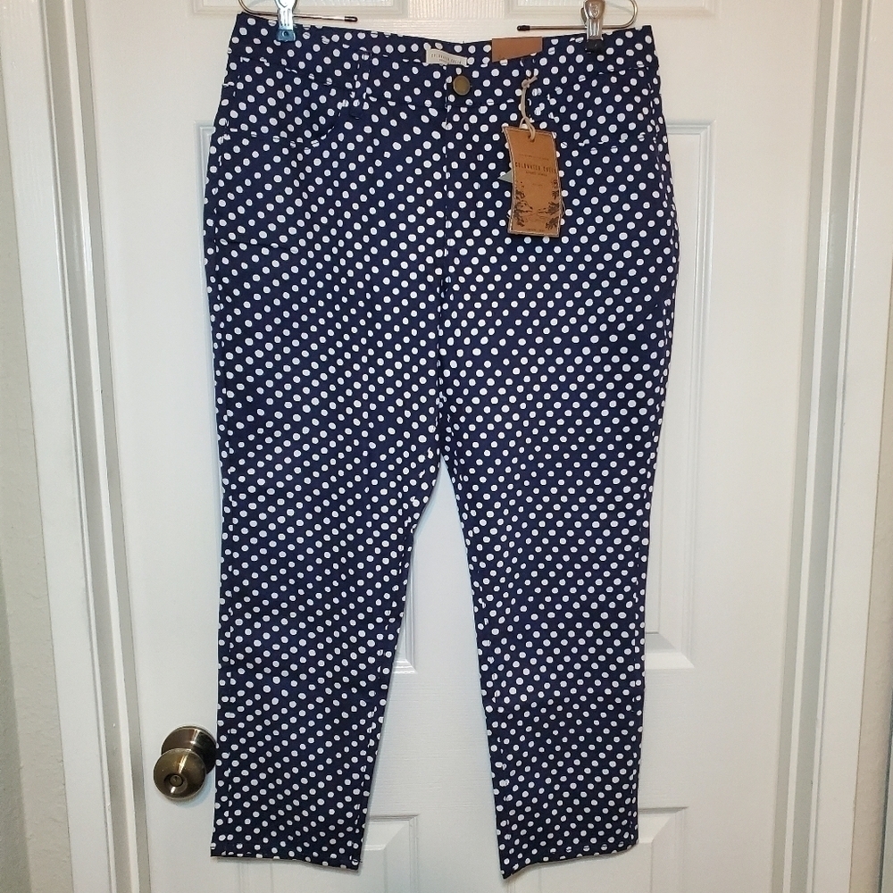 Coldwater Creek Pants Size 14P Womens Jeans Navy Blue White Polka Dot